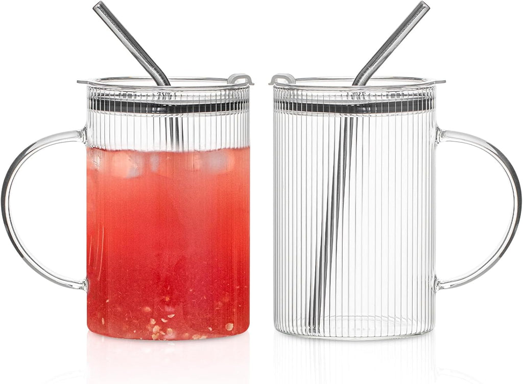 KEMORELA 2 Pack Fine-Ribbed Glass Tumblers with Handle and Lid – 1000ml / 34oz Iced Coffee Cups with Reusable Straws – Large Clear Glass Mugs for Smoothies, Juice & Daily Drinks (2 Pack-Ribbed-Fine)