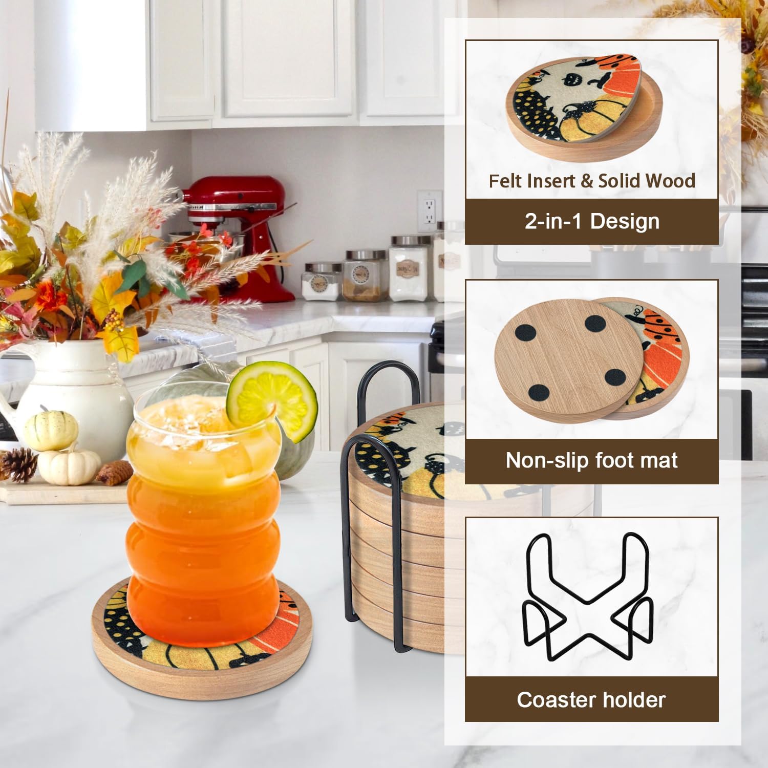 Fall Coaster Set of 6 Cewiru Halloween Coasters for Drinks Absorbent Cup Mats for Table Protection Unique Halloween Round Coasters for Coffee Table Kitchen Decor 4.3"