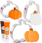 Ann Clark Pumpkin Cookie Cutters and Decorating 5-Pc. Set - Made in USA With Tall Pumpkin, Gourd Shapes, Brown & Orange Food Coloring Gel