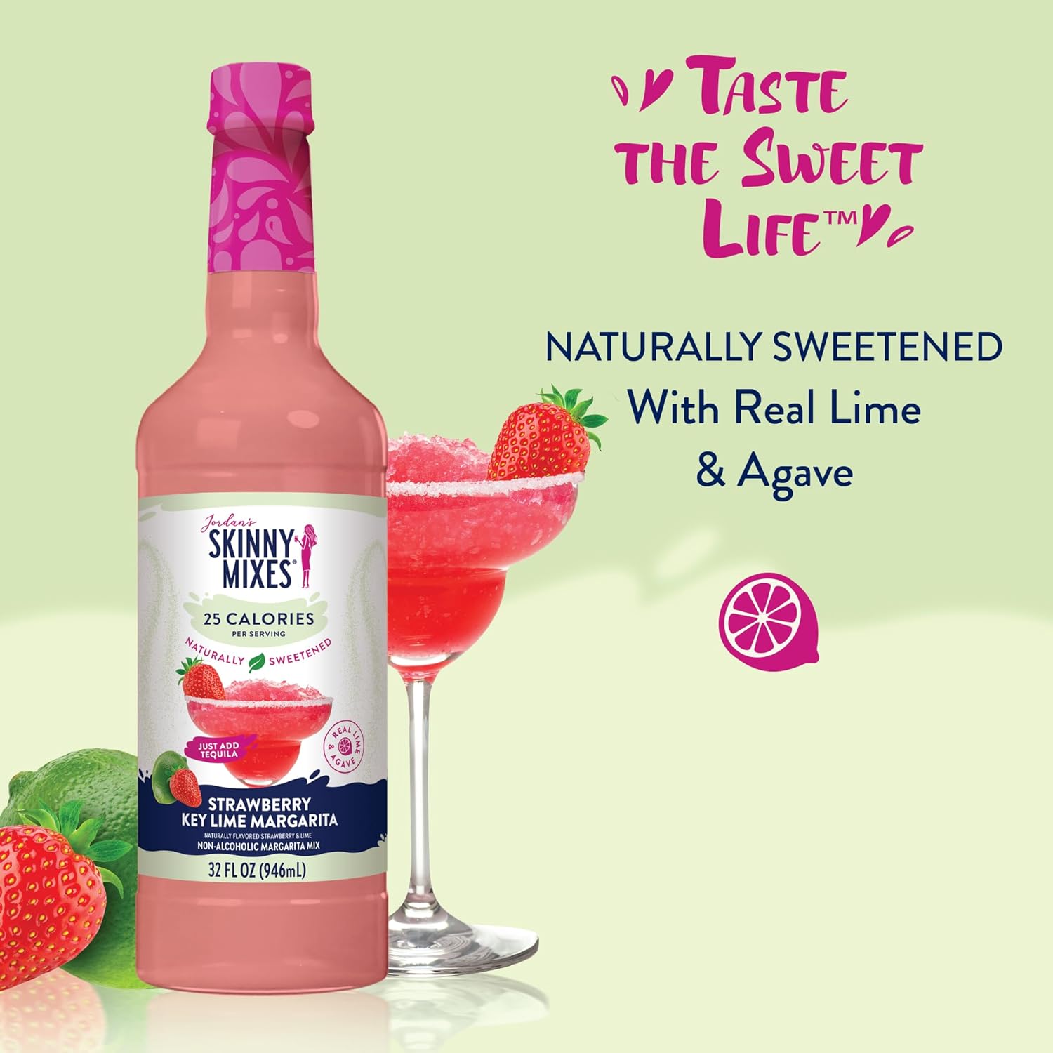 Jordan's Skinny Syrups Sugar Free Syrup, Naturally Sweetened Strawberry Key Lime Margarita Mix, 32 oz, Low Calorie Flavoring, Protein Shake, Cocktail & More, Gluten Free, Keto Friendly