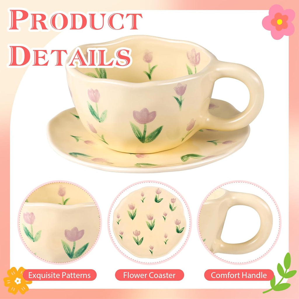 Cappuccino Cups with Saucers 8 oz Latte Art Cup Ceramics Coffee Mugs Irregular Aesthetic Flower Cups for Espresso, Double Shot, Americano, Latte, Tea - Microwave and Dishwasher Safe (Purple Tulips)