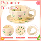Cappuccino Cups with Saucers 8 oz Latte Art Cup Ceramics Coffee Mugs Irregular Aesthetic Flower Cups for Espresso, Double Shot, Americano, Latte, Tea - Microwave and Dishwasher Safe (Purple Tulips)