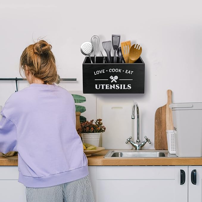 Kitchen Utensil Holder with 3 Compartments, Rustic Wooden Storage Organizer Box Vintage Cutlery Farmhouse Flatware Utensil Caddy Countertop for Silverware Fork Spoon Spatula