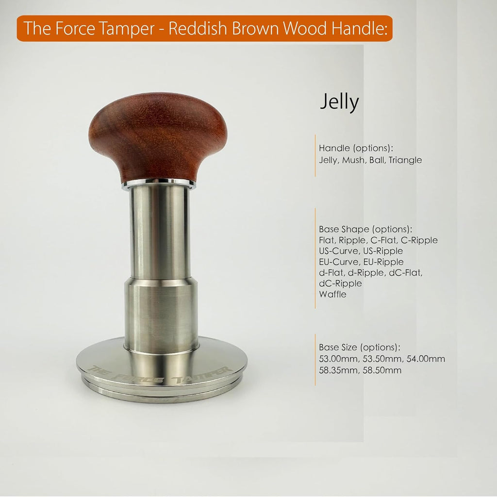 The Force Tamper Automatic Impact Adjustable Constant Pressure and Autoleveling Coffee Tamper Reddish Brown Jellyfish Wooden Handle Set Pro (Standard Set, 53.00mm)