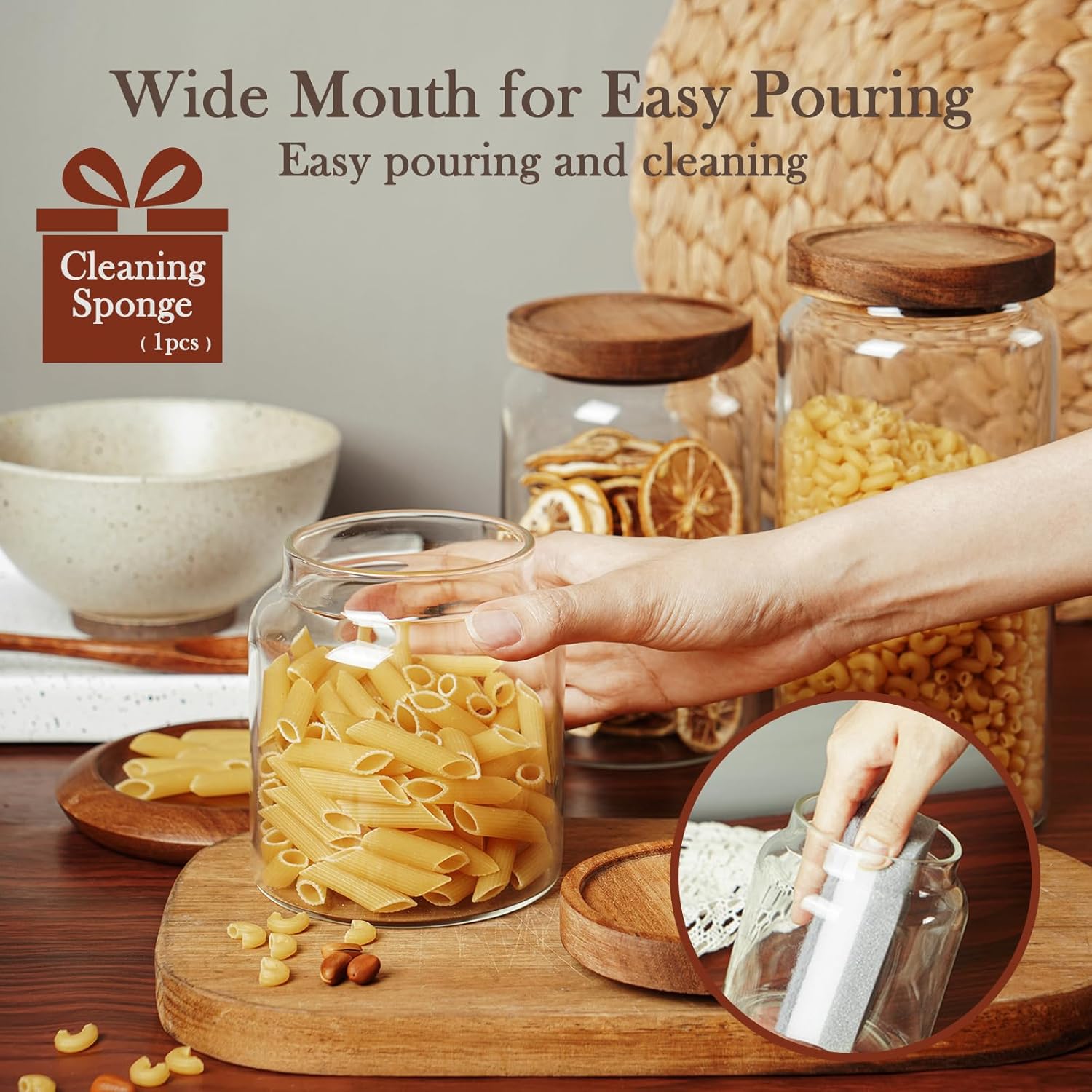 Labina Glass Storage Container Airtight Food Jars Kitchen Canister with Wood Lids, 20 Oz Wide Mouth Pantry Organization Glass Jar for Flour, Sugar, Cookie, Spagetti, Nuts and Candy (3 Pack)