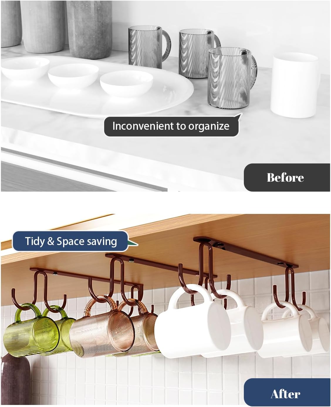 Mug Hooks Under Cabinet 3 Pack, Coffee Cup Hooks for Hanging Under Shelf, Mug Organizer Rack with 12 Hooks for Displaying Mugs, Coffee Cups and Kitchen Utensils, Brown