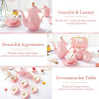 DUJUST 22 pcs Porcelain Tea Set for 6, Luxury British Style Tea/Coffee Cup Set with Golden Trim, Beautiful Tea Set for Women, Tea Party Set, Gift Package (With a Stand) - Pink