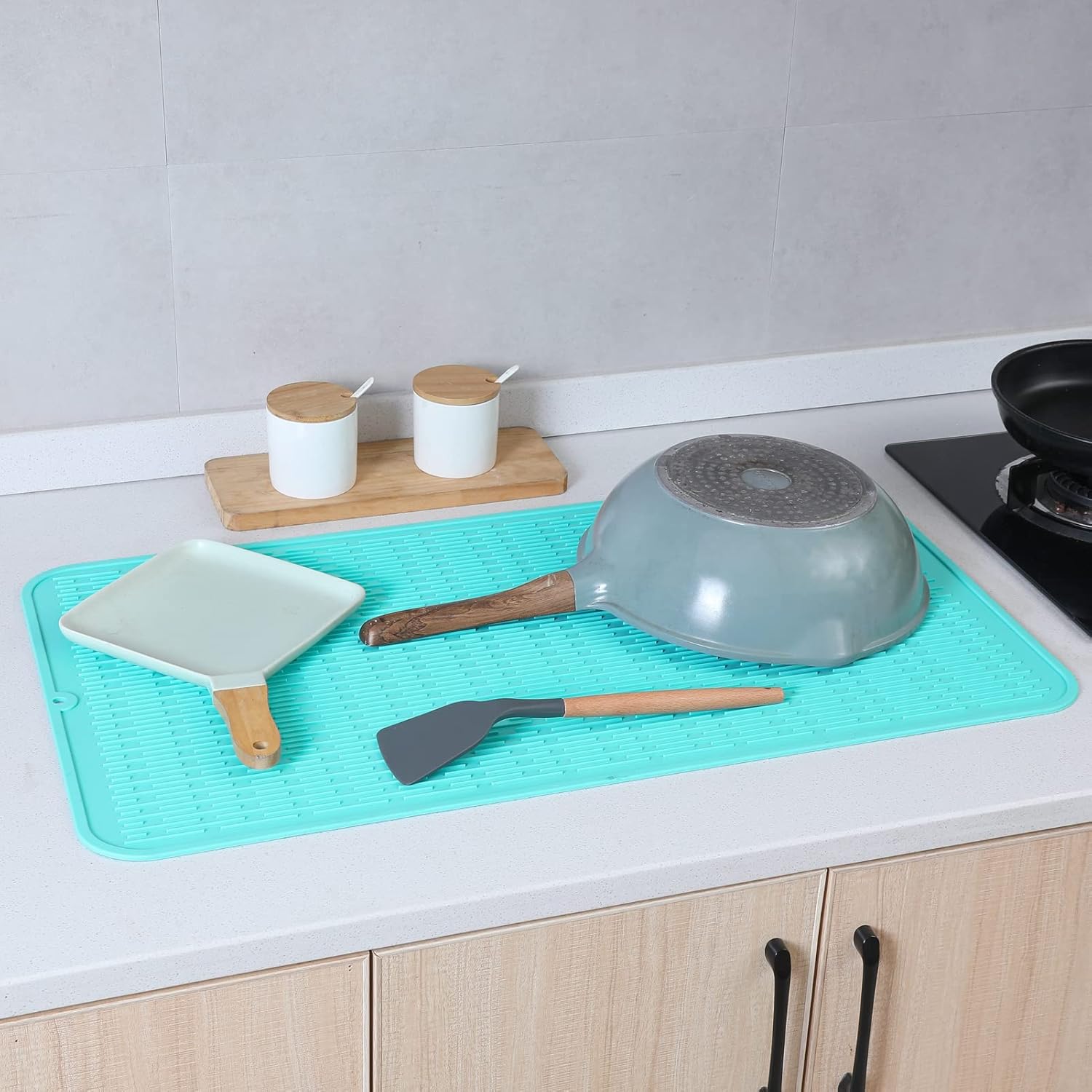 Silicone Dish Drying Mat for Multiple Usage,Easy clean,Eco-friendly,Heat-resistant Silicone Mat for Kitchen Counter or Sink,Refrigerator or Drawer Liner Mint 4XL 32 inches x 18 inches
