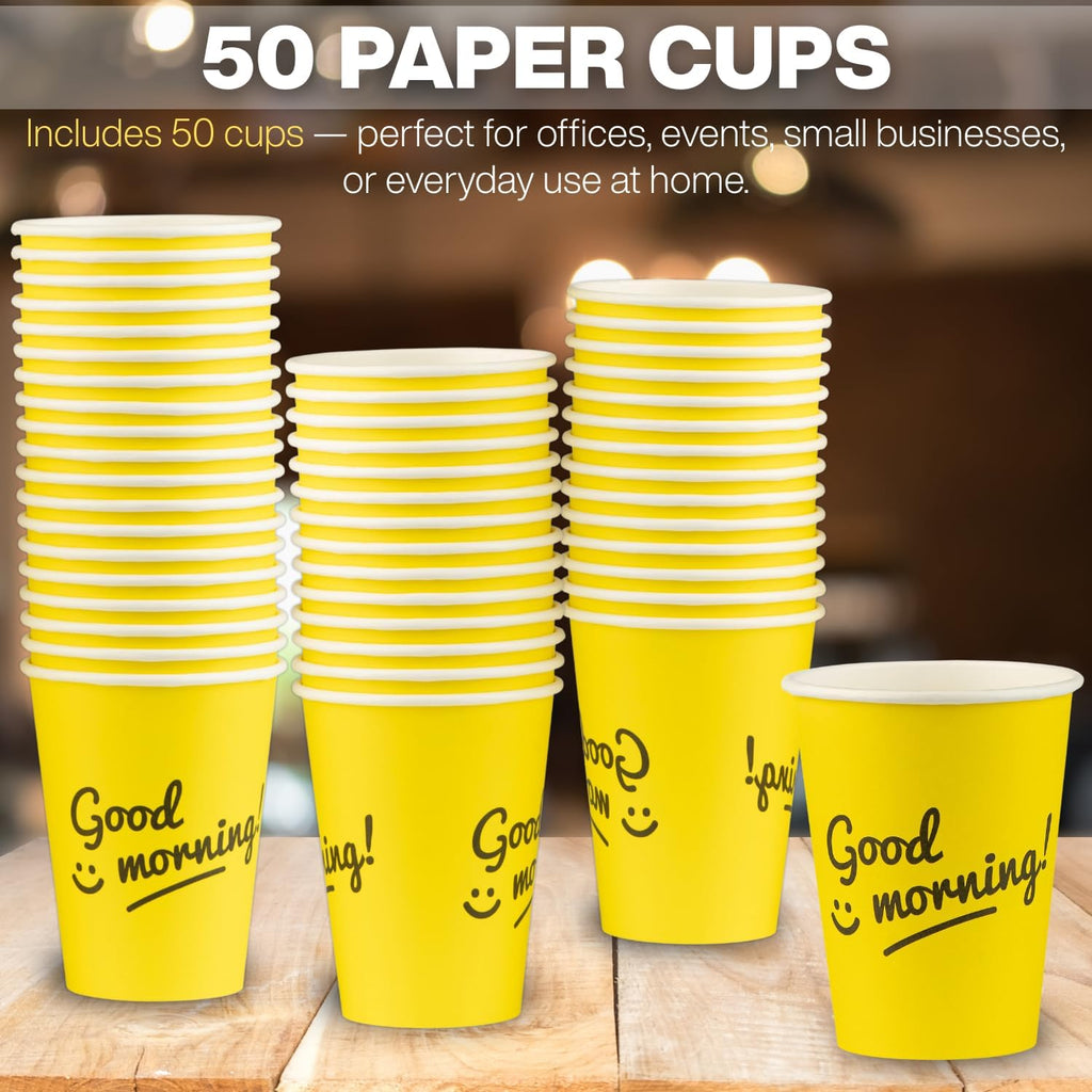 Smygoods Disposable Coffee Cups, To Go Paper Hot Cups, Good Morning Design (12 OZ, 50 Count) For Hot Beverages, Coffee, Tea, Espresso, Cocoa - Vasos Para Cafe