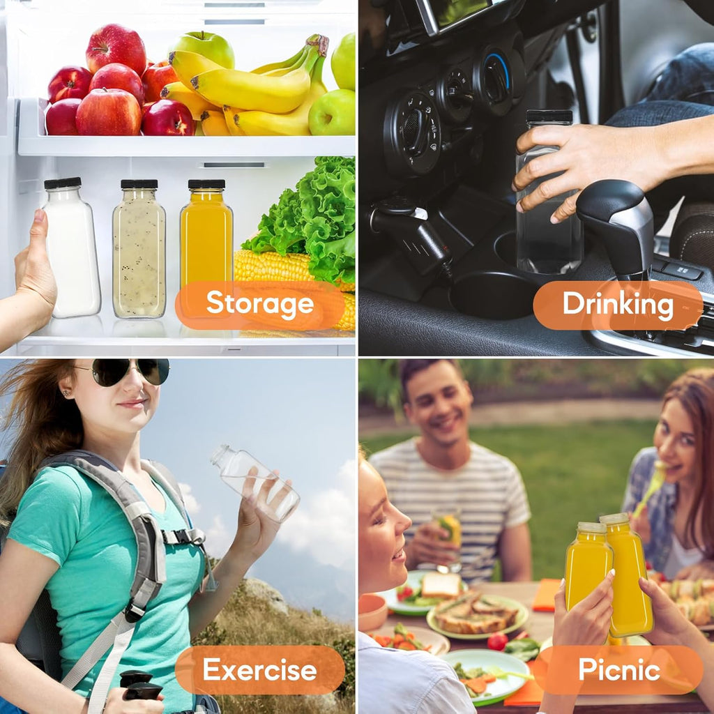 STARSIDE 12 oz 3 Pack Glass Juice Bottles with Lids - Square Reusable Drinking Jars for Juicing, Milk, Kombucha - Includes 1 Bottle Brush, 6 Colored Labels