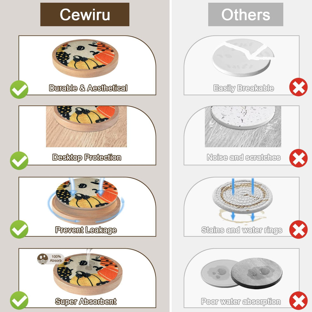 Fall Coaster Set of 6 Cewiru Halloween Coasters for Drinks Absorbent Cup Mats for Table Protection Unique Halloween Round Coasters for Coffee Table Kitchen Decor 4.3"