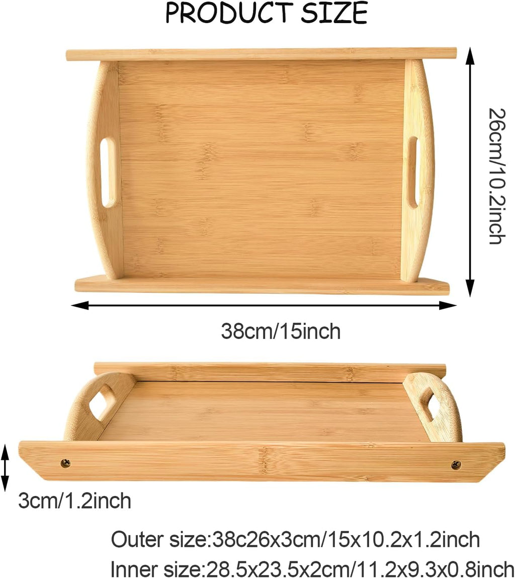 Bamboo Serving Tray Rectangle Platter Breakfast Dinner Food Bed Tray for Eating Kitchen Restaurants (1, 15" x 10.2" x 1.2" (with Handle))