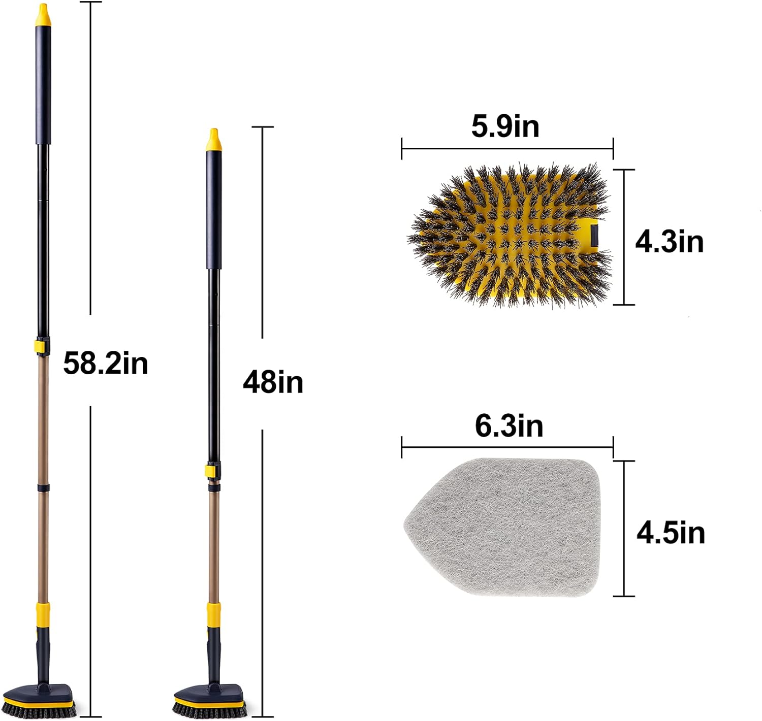 Yocada Tub Tile Scrubber Brush 2 in 1 Cleaning Brush 58.2 Inch Adjustable Telescopic Pole Stiff Bristles Scouring Pads for Cleaning Bathroom Kitchen Toilet Wall Tub Tile Sink Non Scratch