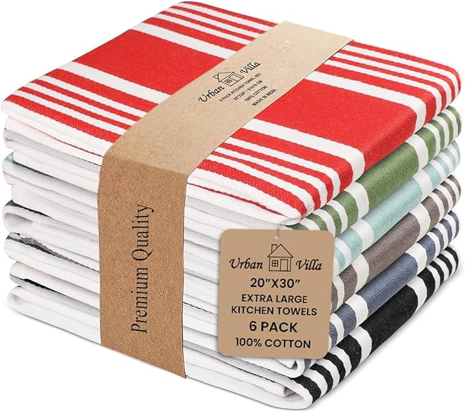 Urban Villa Kitchen Towels 100% Cotton Dish Towels for Kitchen (Set of 6)20”x30” Dish Cloths Highly Absorbent Kitchen Linen Set with Hanging Loop Perfect for Drying Dishes Cleaning Towels- MultI Color
