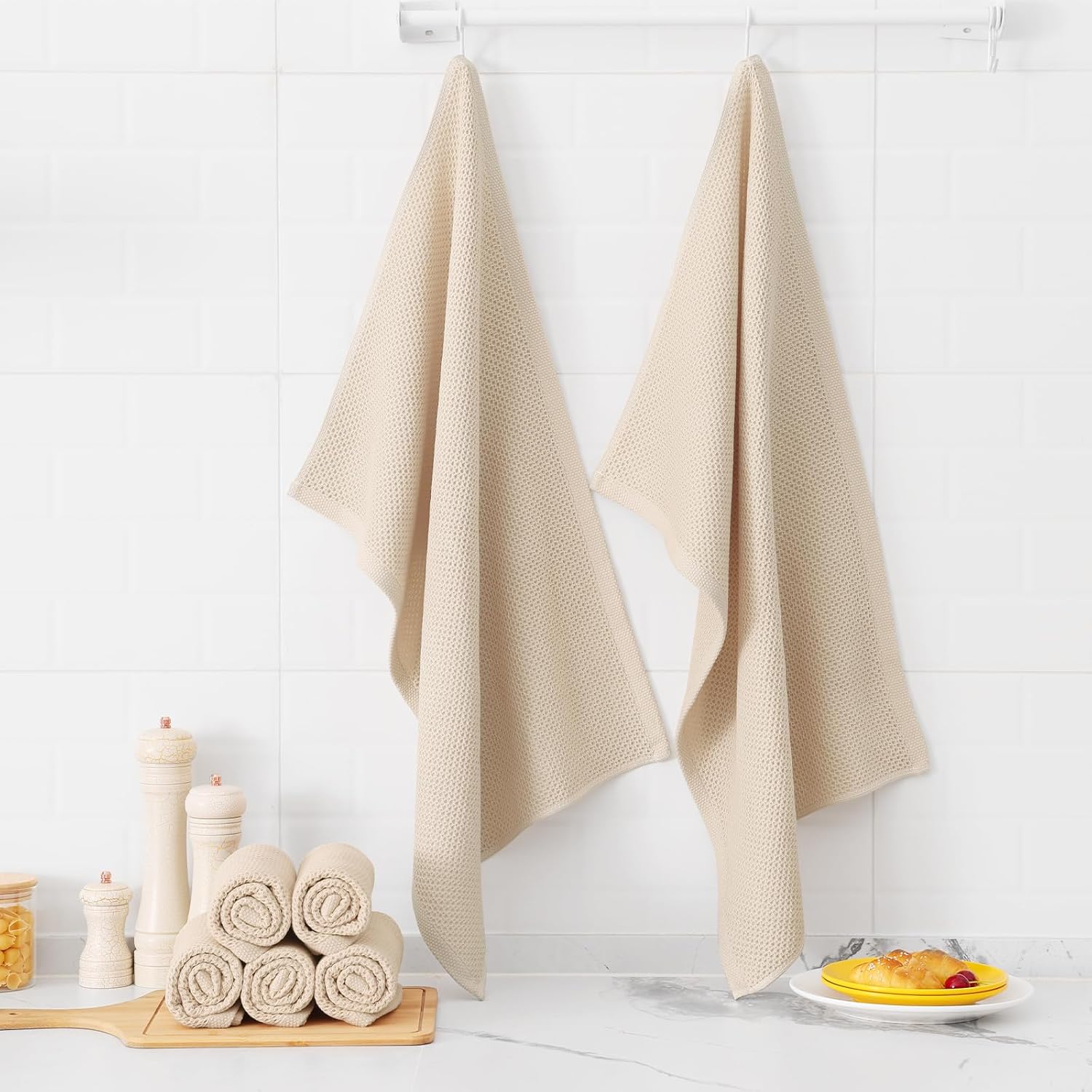 Kitinjoy 100% Cotton Waffle Weave Kitchen Towels, 4-Pack Super Soft and Absorbent Dish Towels for Drying Dishes, Kitchen Hand Towels, 20 in x 28 in, Beige