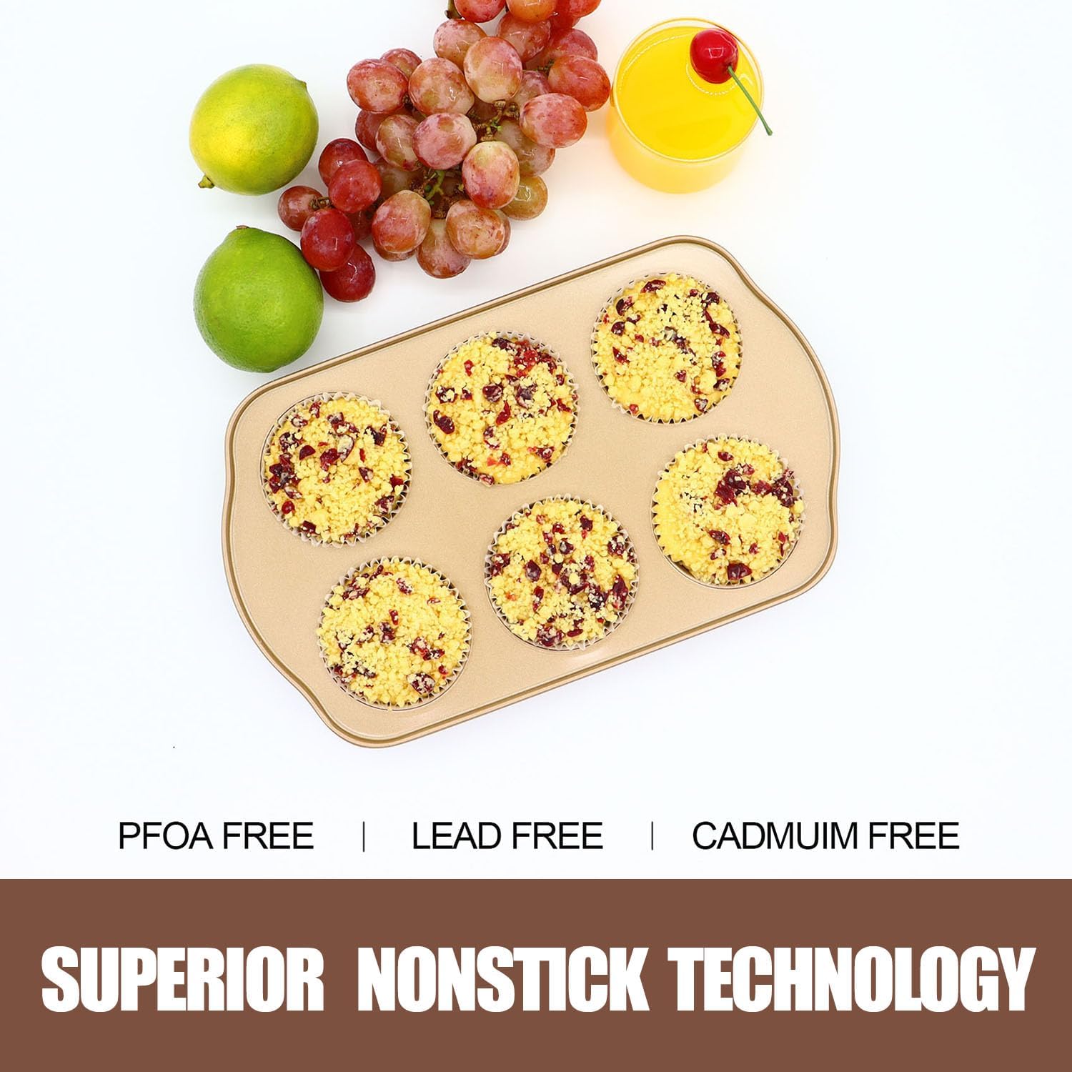 Jumbo Muffin Pan 2 Pack, Nonstick Large Cupcake Pan 6 Cup, Heavy Duty 0.5mm Thick Steel Big Muffin Tins for Baking, 3.5inch Dia, Gold