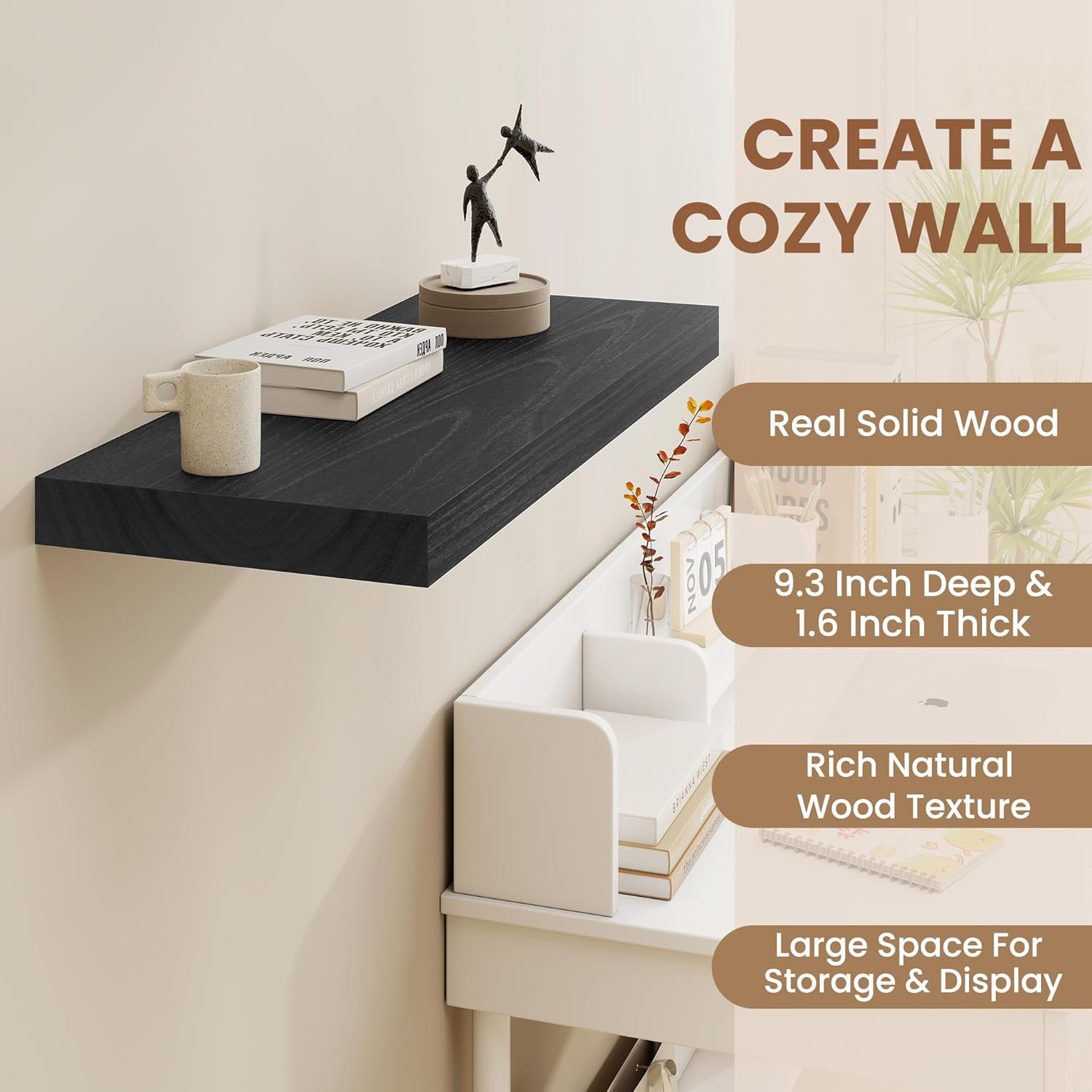 Fun Memories 9 Inch Deep Black Floating Shelves, Farmhouse Rustic Natural Wood Floating Shelf Wall Mounted, 30 x 9 Wall Shelves Set of 2, Deep Black Bathroom Shelves