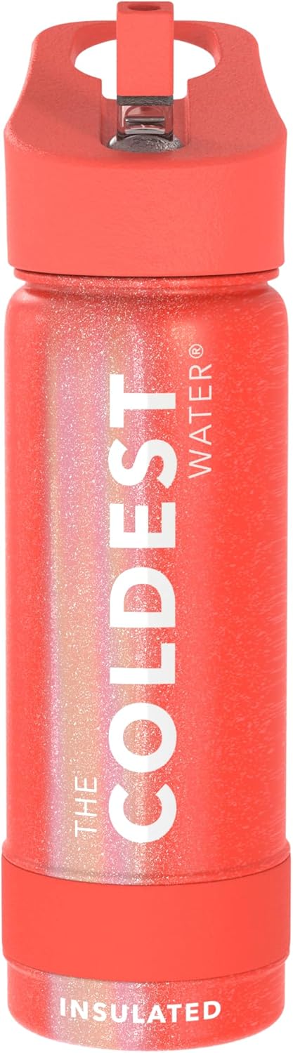 Coldest Insulated Water Bottle with Straw Lid - Stainless Steel Metal Insulated Bottle for Men & Women (Mars Red Glitter, 18 oz)