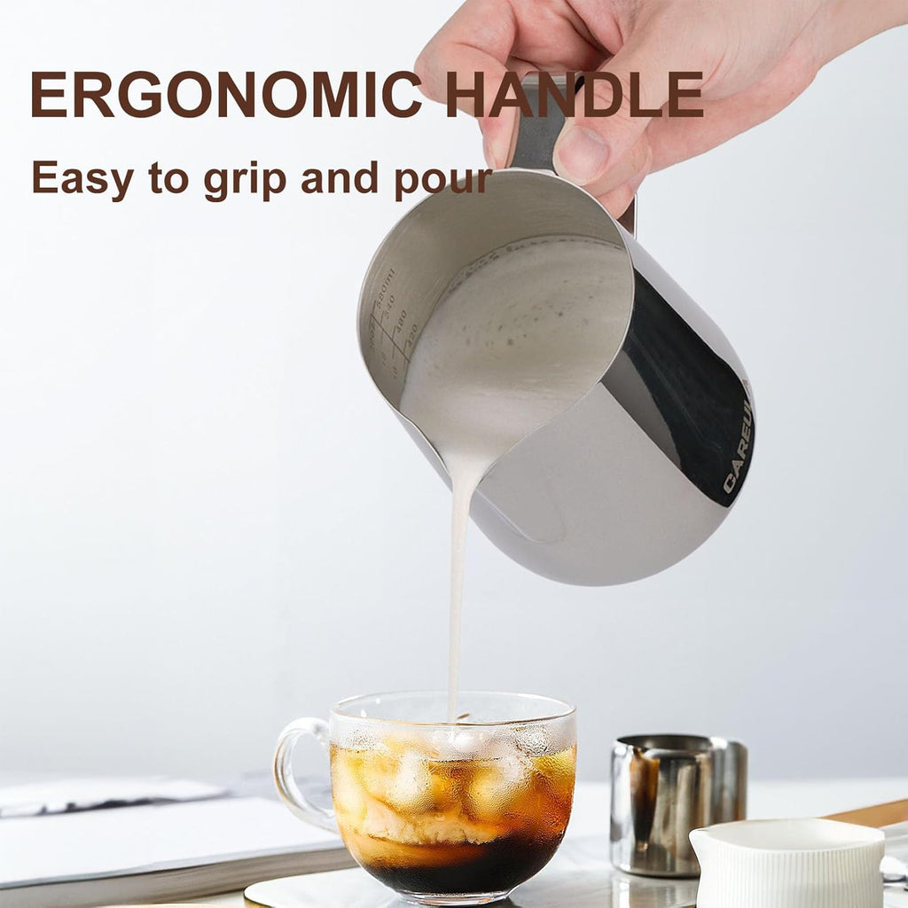 Milk Frothing Pitcher, 20oz Stainless Steel Milk Frother Cup Steaming Pitcher, Coffee Bar Cappuccino Espresso Machine Accessories Barista Tools, Metal Pitcher Milk Jug with Decorating Latte Art Pen