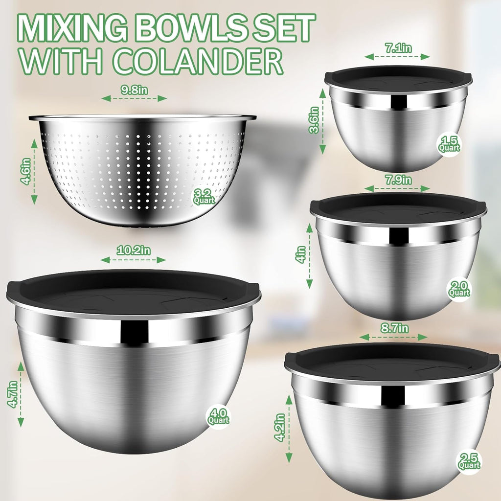 Mixing Bowls with Lids Set, Stainless Steel Mixing Bowls with Colander, Strainer with Mixing Bowl Set, Kitchen Gadgets Bowl Christams Gift, Size 4, 2.5, 2, 1.5QT - Black
