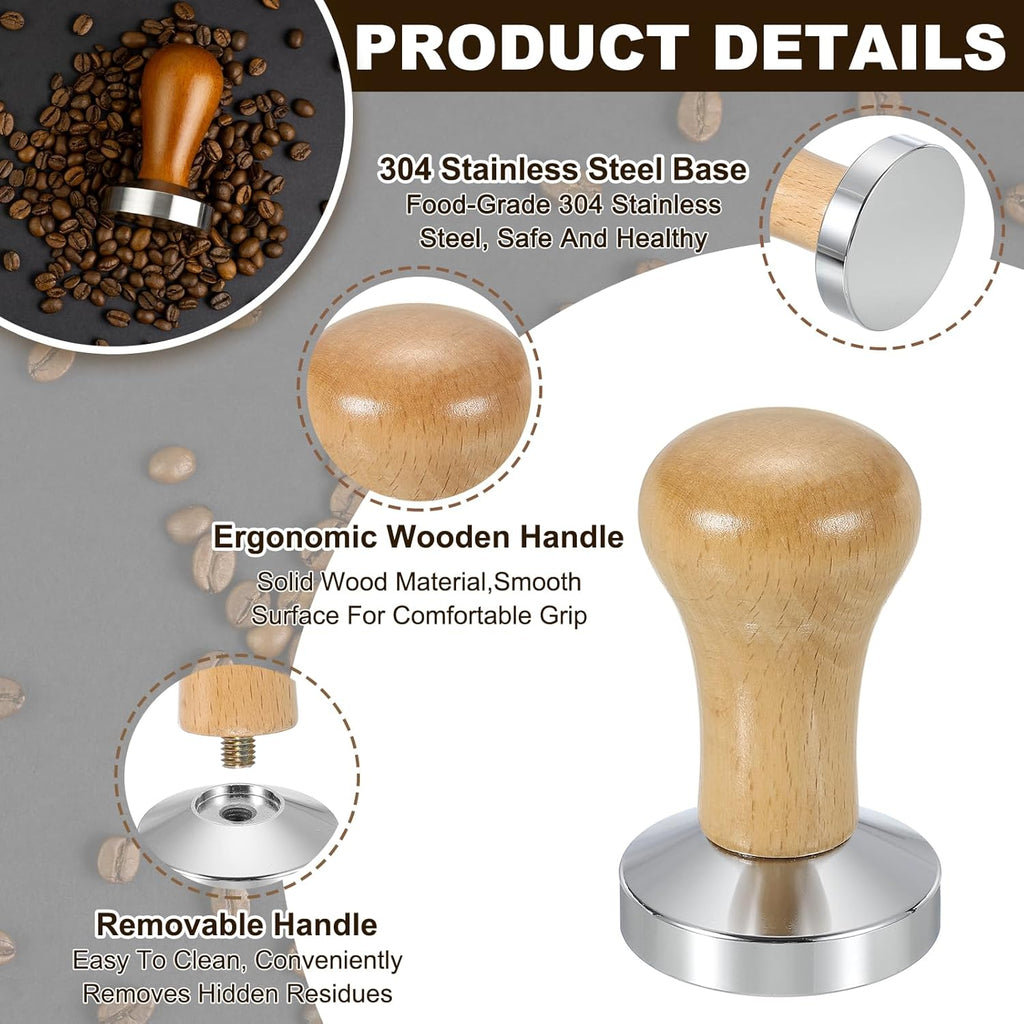 uxcell 53mm Coffee Tamper, Stainless Steel Espresso Press Tamper, Espresso Tamper with Wooden Handle Suitable for Coffee Shop, Restaurant Bar, Bakery (Light Brown)