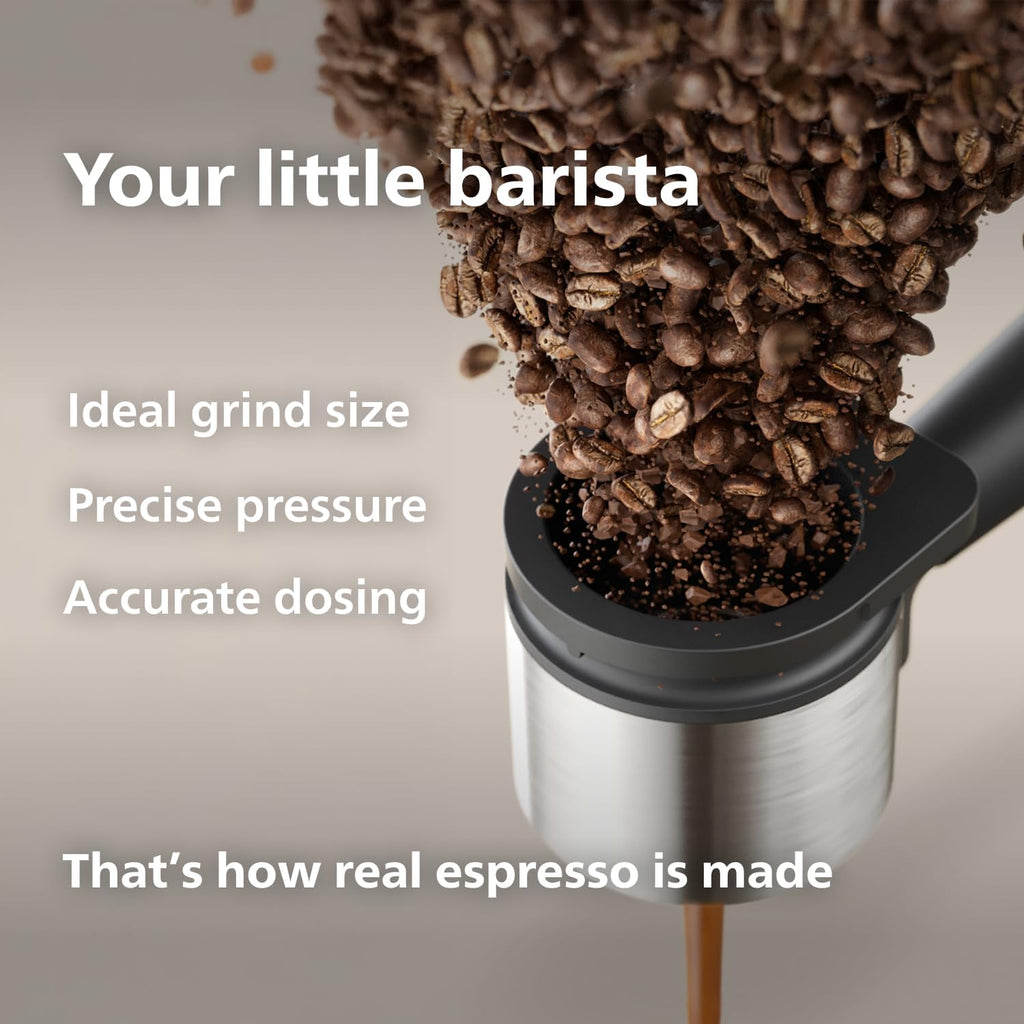 Philips Baristina Espresso Machine+Milk Frother Bundle. Real espresso. Compact coffee machine, portafilter, grinder, Cafe Crema. Dairy & Non-Dairy Milk foam. Hot & Cold. Easy Clean. Black (BAR303/60)