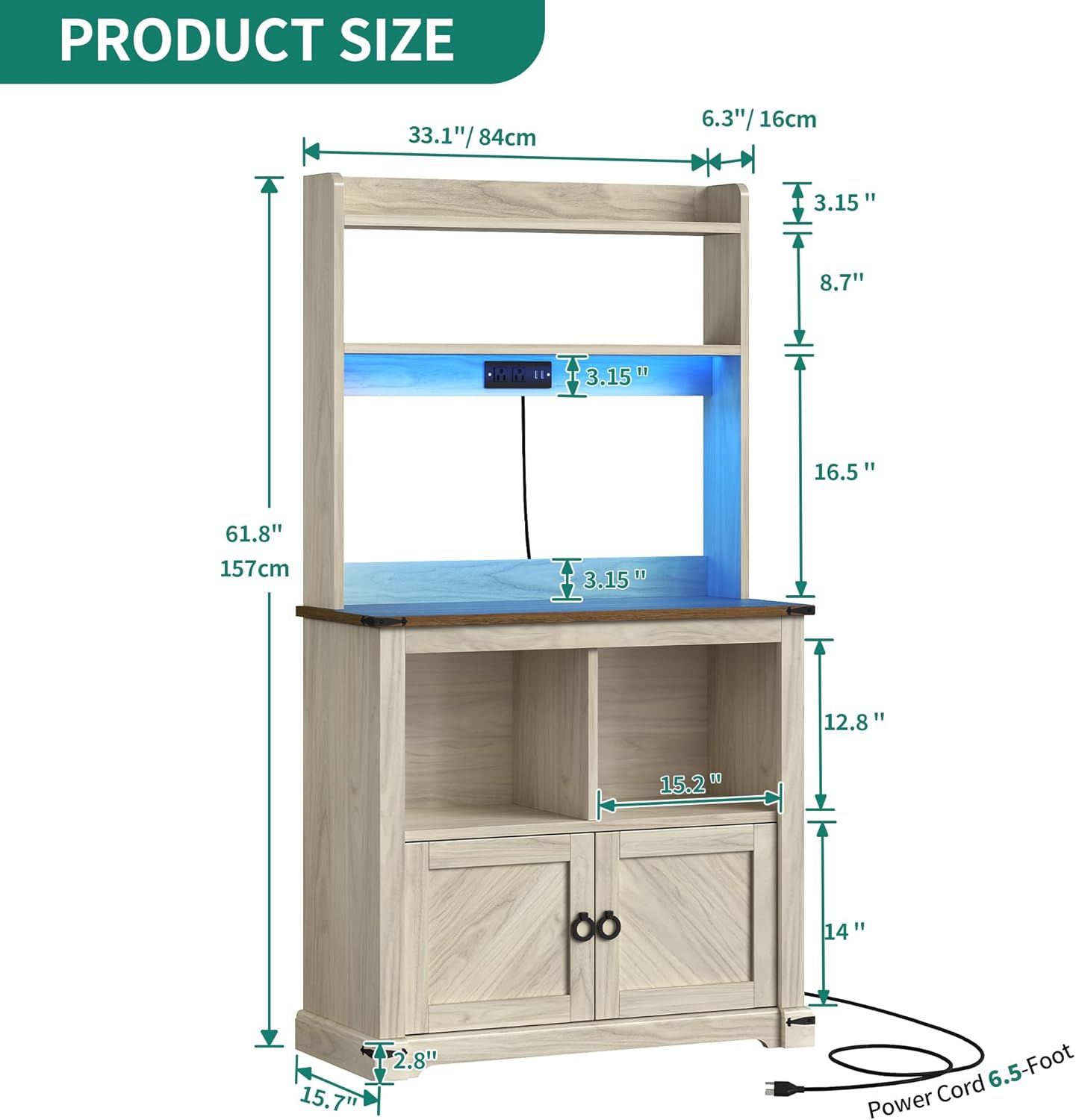 YITAHOME Bakers Rack Cabinet, Microwave Stand with Power Outlet & RGB LED Lights, Farmhouse Coffee Bar Station with Storage, 5-Tier Kitchen Pantry Hutch for Dining Living Room,White Walnut Grain