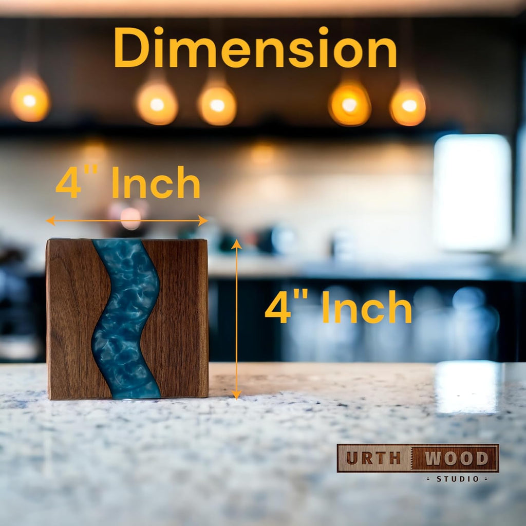 Generic Wood Coaster Set for Drinks | Handmade with Dark Walnut & Natural Wood Sealant Finish for Water Resistance, Easy Cleaning & No Stains | Epoxy Resin River (4 Pieces) (Blue)