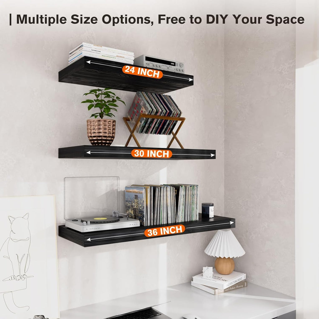 Floating Shelf, Set of 3 Wall Shelf, 36 in W x 12.75 in D x 2 in H Wooden Floating Wall Shelf with Invisible Brackets for Living Room/Bedroom/Bathroom/Kitchen Storage and Decor, Black Wood