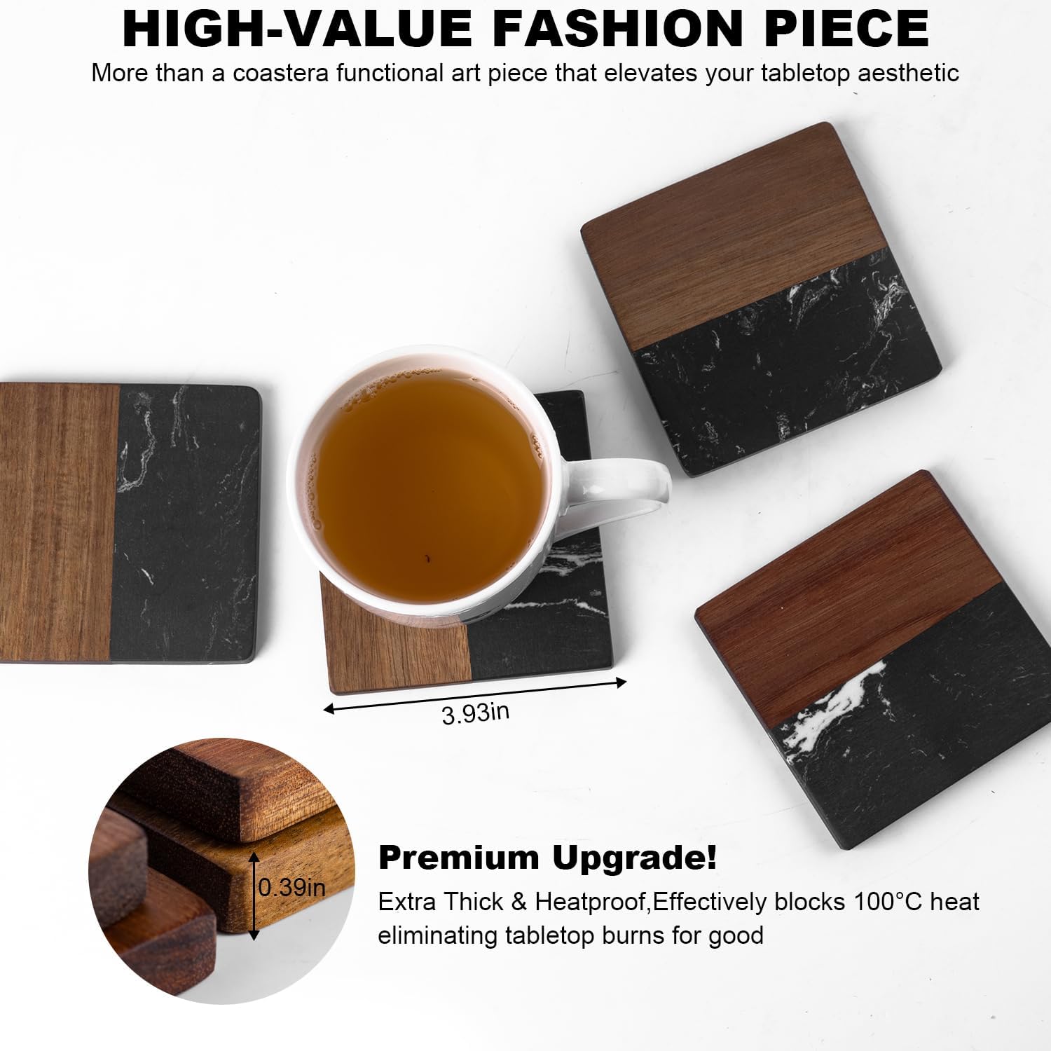 Marble Coasters: 4-Piece Set of Acacia Wood Marble Coasters, Suitable for Kitchens, Offices, and can be Used as Gifts (Black Square)
