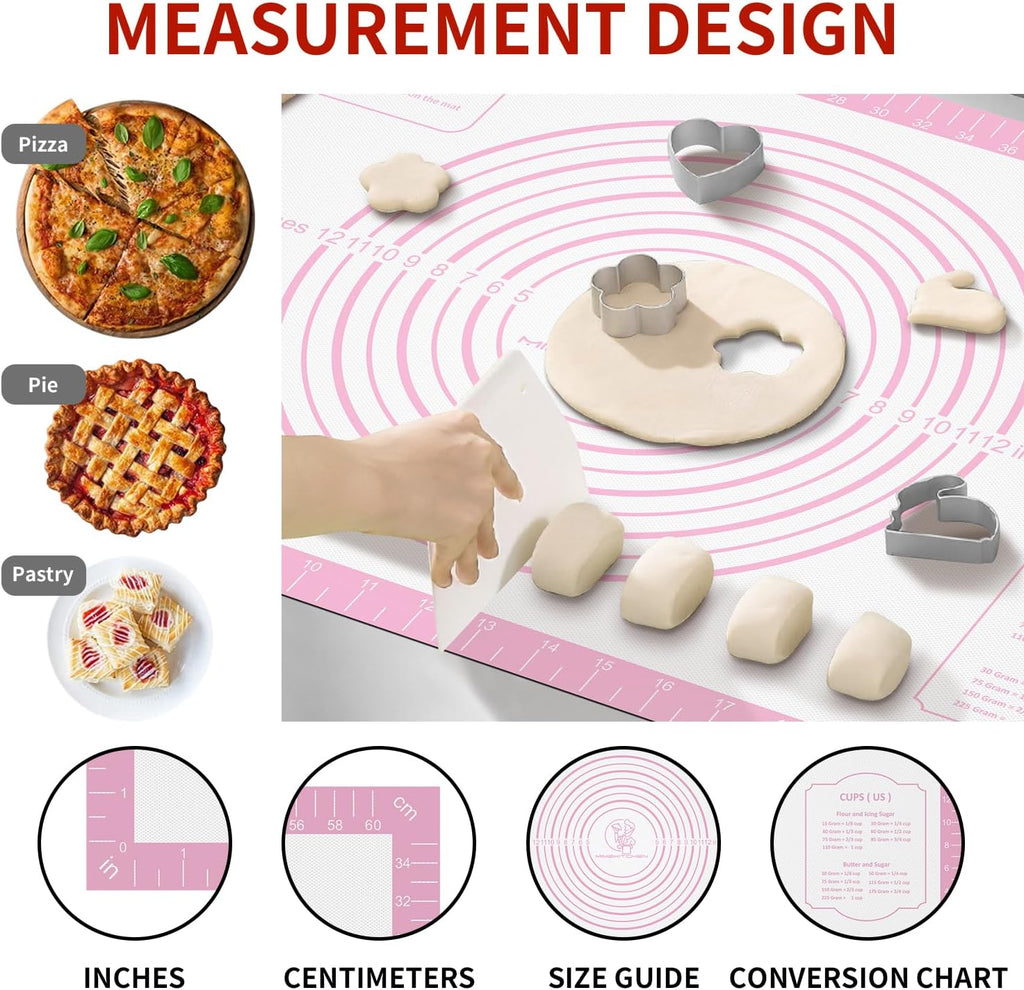 Silicone Pastry Mat for Dough Rolling, Extra Large Silicone Baking Mat with Measurements, Baking sheet for Cookies Fondant Pie Crust, Countertop Protector