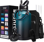 Half-gallon Insulated Water-Bottle with Straw - Stainless Steel Thermo Jug with Spout Straws Lids, Paracord Handle & Bottle Sleeve, 64OZ Vacuum Thermo Water Bottle for Camping Trip