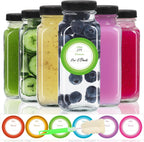 STARSIDE 8 oz Glass Juice Bottles with Lids 6 Pack - Square Reusable Drinking Jars for Juicing, Milk, Kombucha - Includes 1 Bottle Brush, 6 Colored Labels