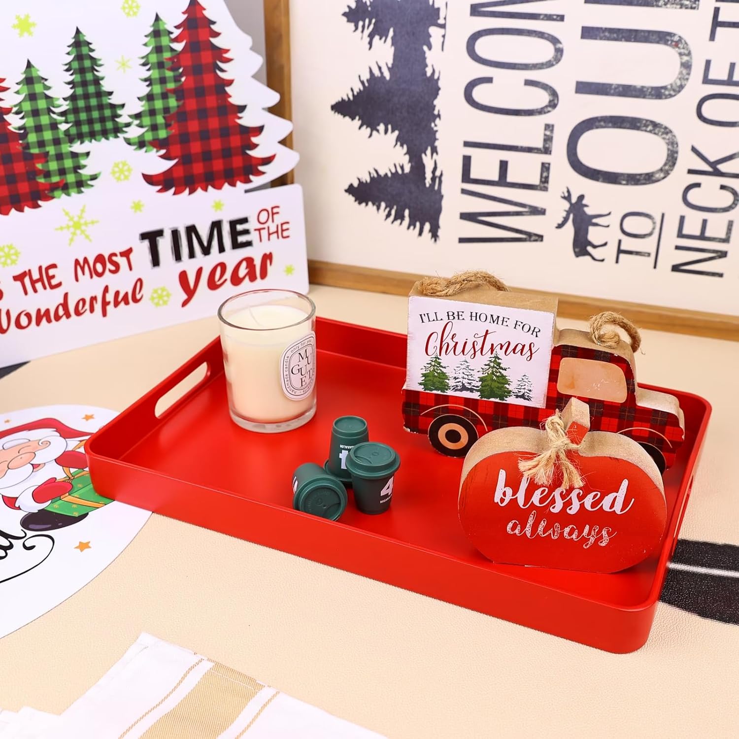 Red Decorative Serving Tray with Handles, Plastic Coffee Table Tray for Outdoor Patio, Living Room, Ottoman, Bathroom Counter, 10.2”*15.7”*1.4”