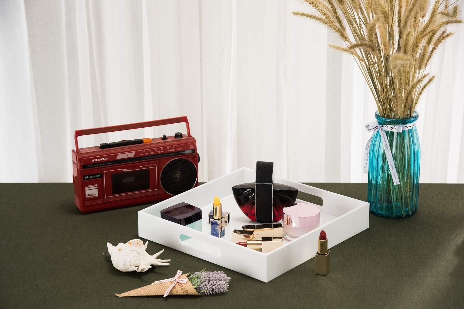 Glossy White Sturdy Acrylic Serving Tray with Handles-10x10Inch-Serving Coffee,Appetizer,Breakfast,Butler-Kitchen Countertop-Makeup Drawer Organizer-Vanity Table,Ottoman Tray-Decorative Tray