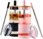 Pandaloo® Glass Cups With Lids and Straws -20 Fl Oz- Perfect Size Iced Coffee Cup - Smoothie Cup With Bamboo Lid and On the go Lid - Glass Tumbler (2 Count (Pack of 1), Black Saphir-Tender Pink)