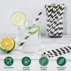 [500 Counts] Chunspak 5.75 inch Eco-friendly Disposable Short Paper Drinking Straws Bulk for Cocktail, Mixed Drinks - Black White Striped
