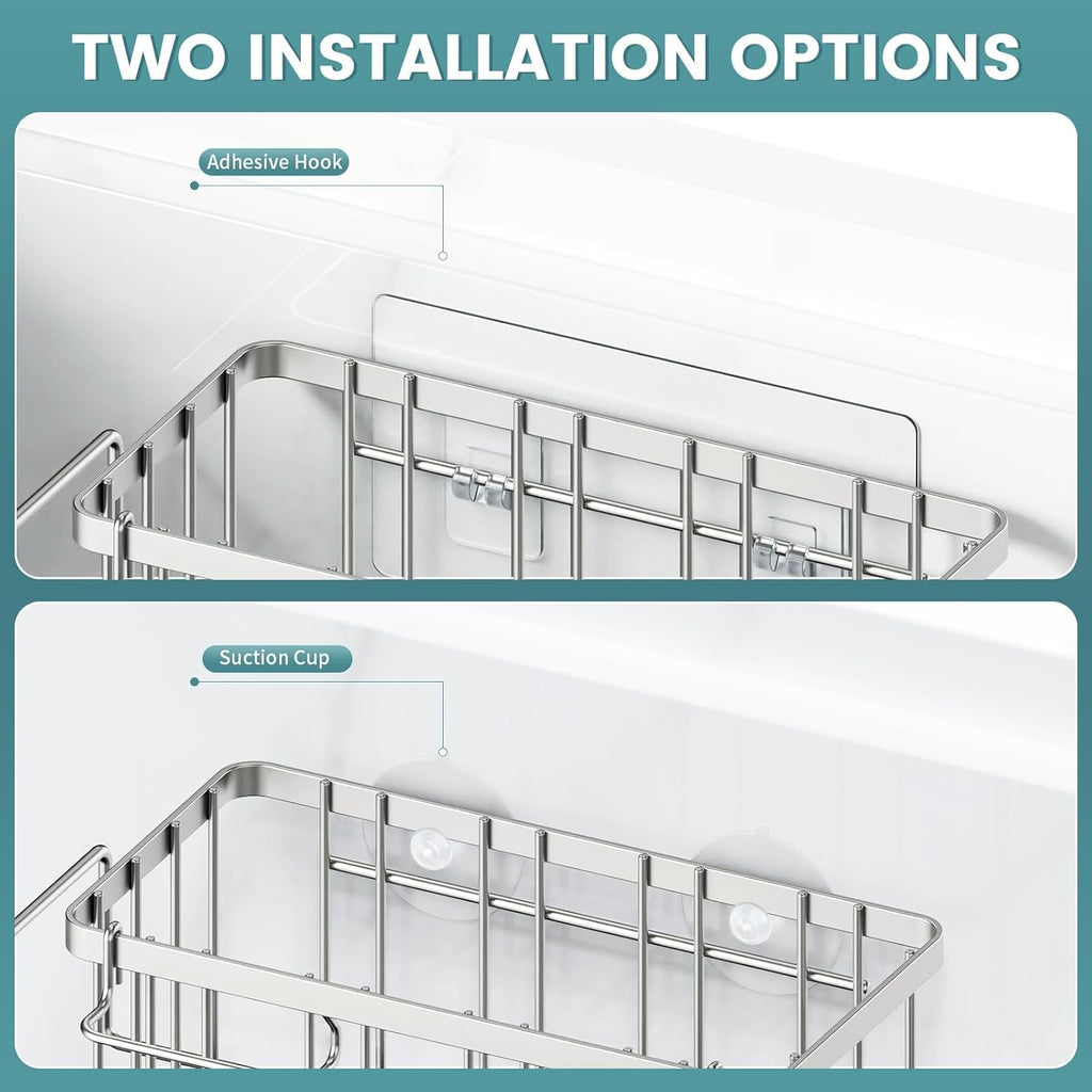 StorageRight 4-in-1 Sponge Holder for Kitchen Sink, Kitchen Organizers and Storage with Adhesive Hook & Suction Cups, Rustproof Sink Caddy for Kitchen Decor, Kitchen Sink Organizer - Silver