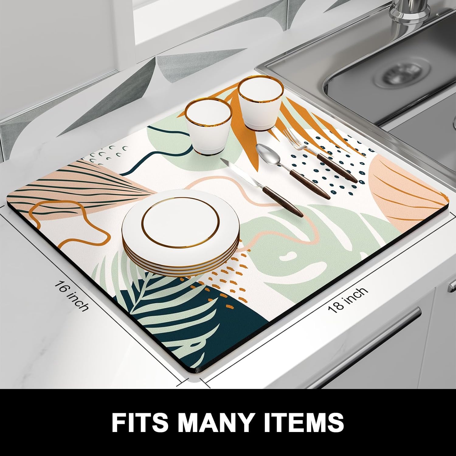 Rnivvi Dish Drying Mat for Kitchen Counter, 16 x 18" Cute Boho Theme Absorbent Heat Resistant Drying Pad with Non-slip Rubber, Coffee Bar Mats for Coffee Machine Dish Rack, Tropical Leaves