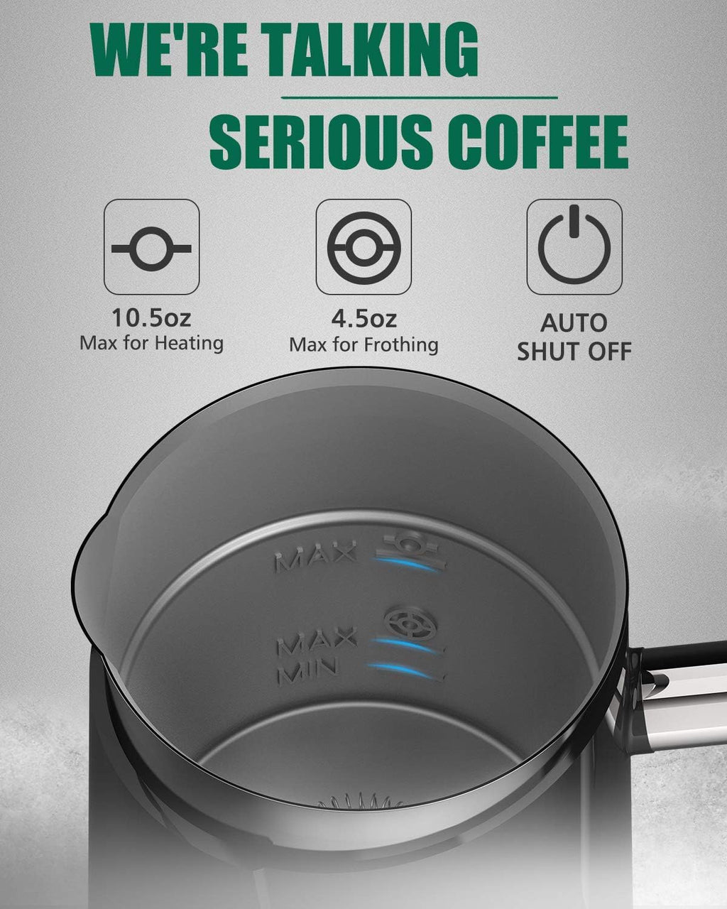 Huogary Milk Frother, Milk Steamer for Milk Foam & Hot Milk(4.5oz/10.5oz), Electric Milk Frother and Warmer for Homemade Coffee, 120V (Black)