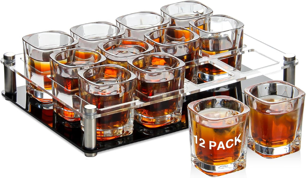 Ruckae 12 Pack 2 OZ Shot Glasses Set with Pallets Heavy Base Clear Square Shot Glasses Bulk for Vodka Tequila Whiskey Liquor