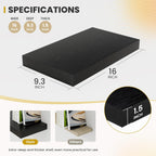 16 Inch Floating Shelves, 9.3" Deep Floating Shelf Wall Mounted, 16" Wall Shelves, Rustic Deep Bookshelf, Large Display Shelves & Storage Shelves for Bedroom, Living Room, Black, Set of 2