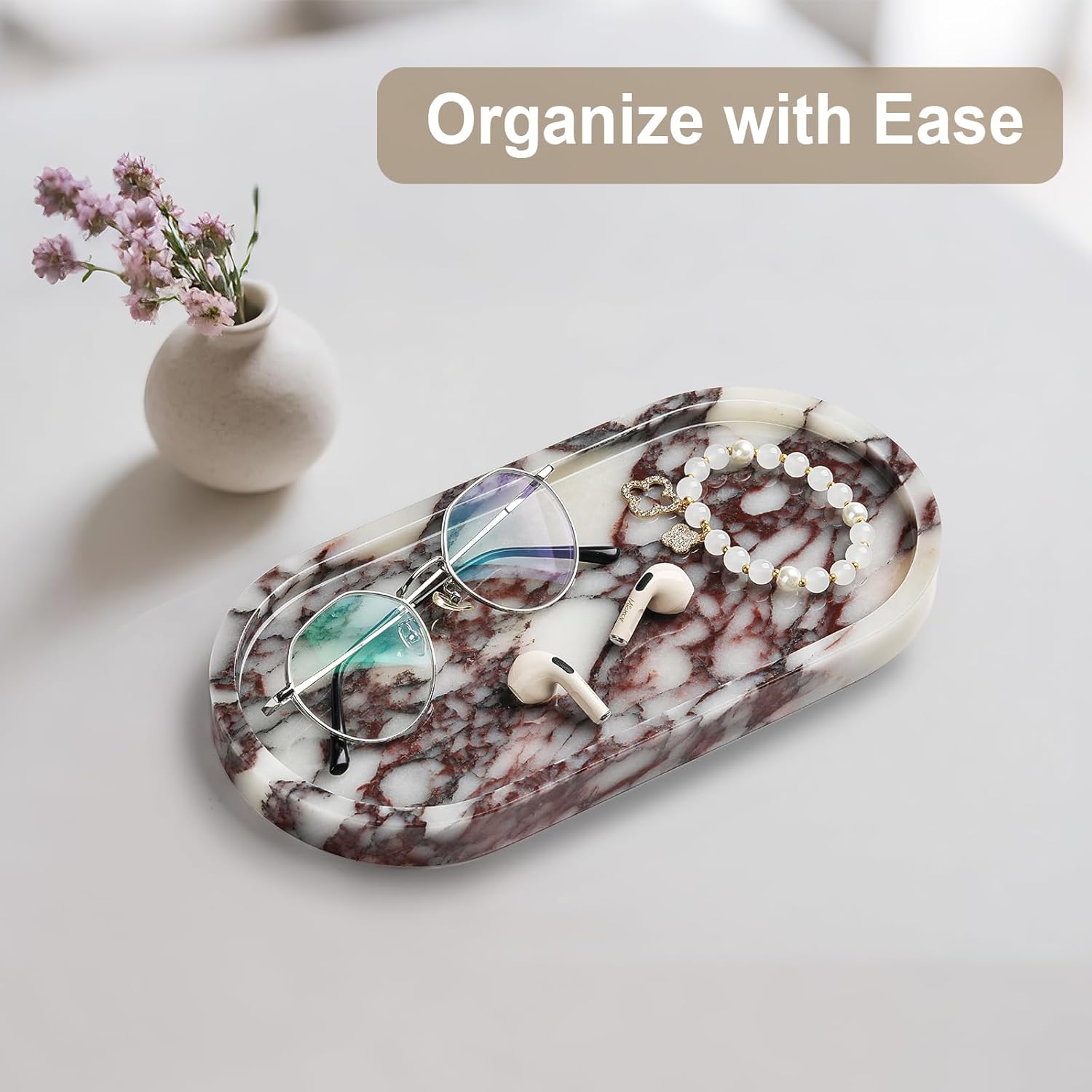 Natural Marble Vanity Tray - Moujings Genuine Marble Perfume Tray for Bathroom Decor, Stone Bathroom Vanity Organizer Tray for Kitchen Counter, Candles, Jewelry, Coffee, Makeup, Key