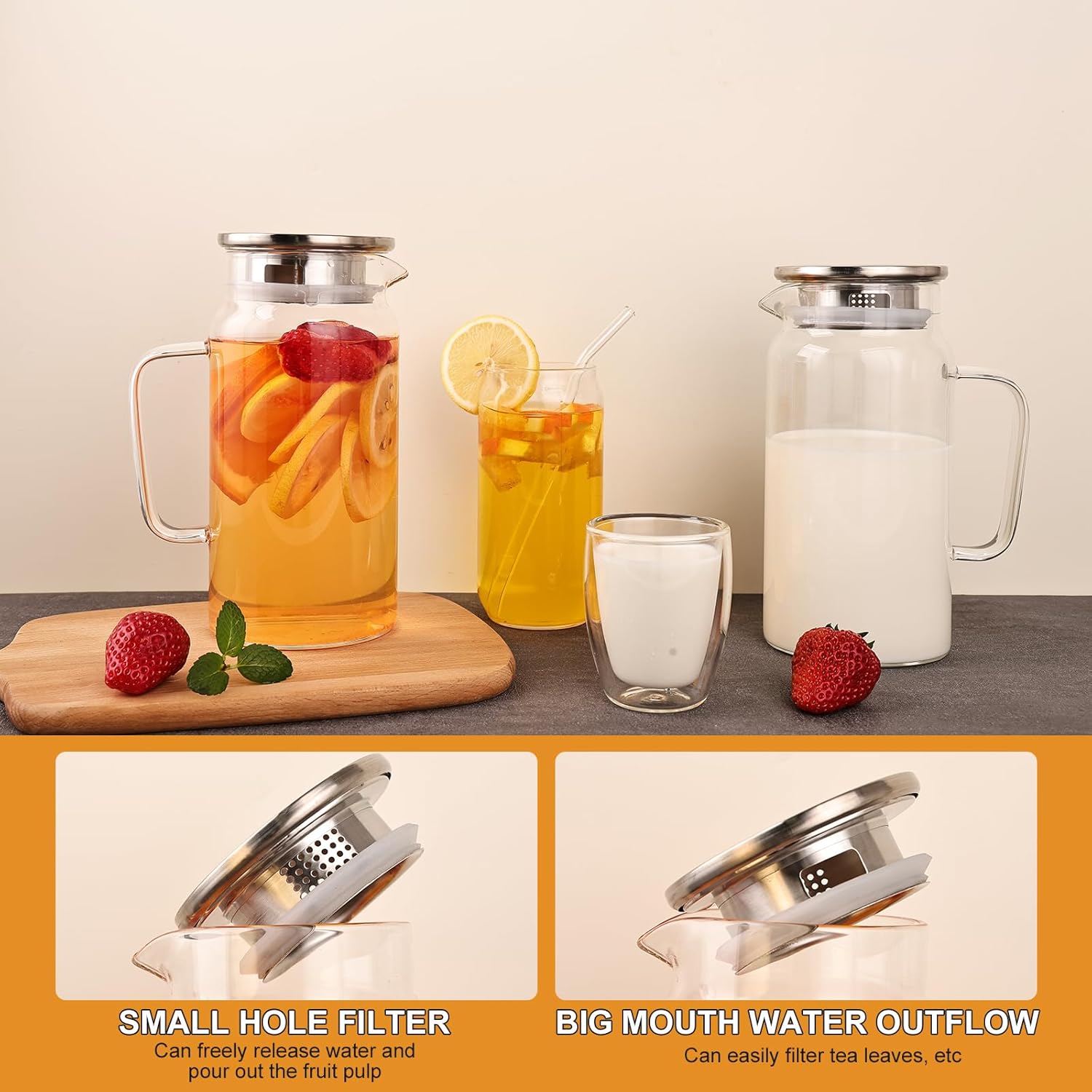 Glass Pitcher with Lid, 1200ml Leak Proof,Glass Water Jugs, BPA-Free,Microwave & Dishwasher Safe Pitcher,Sun & Iced Tea, Sangria,Cold Brew Coffee & More