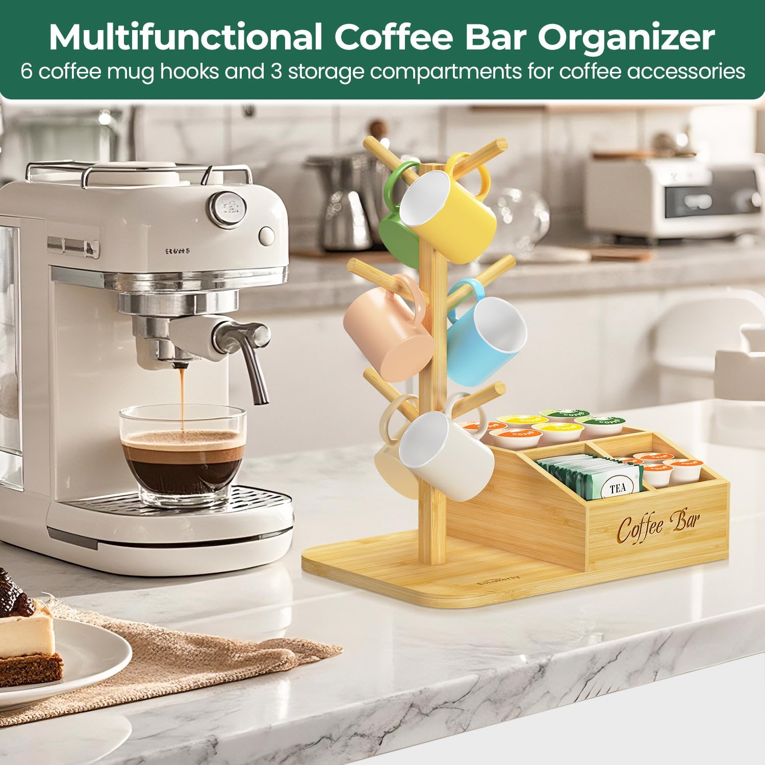 EsLuker.ly Mug Tree Holder Stand, Countertop Bamboo Coffee Cup Organizer Rack for Kitchen Office, Space-Saving Coffee Station Bar Organizer with 6 Hooks, Modern Design Enhances Decor
