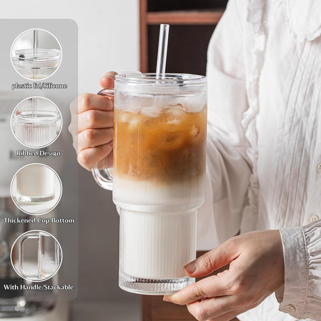 INSETLAN 26oz Glass Tumbler with Handle & Lid – 2-Pack Large Iced Coffee Cups with Straws, Modern Glass Mug for Cold & Hot Beverages, Aesthetic Travel Cup for Smoothies, Tea, and Juice