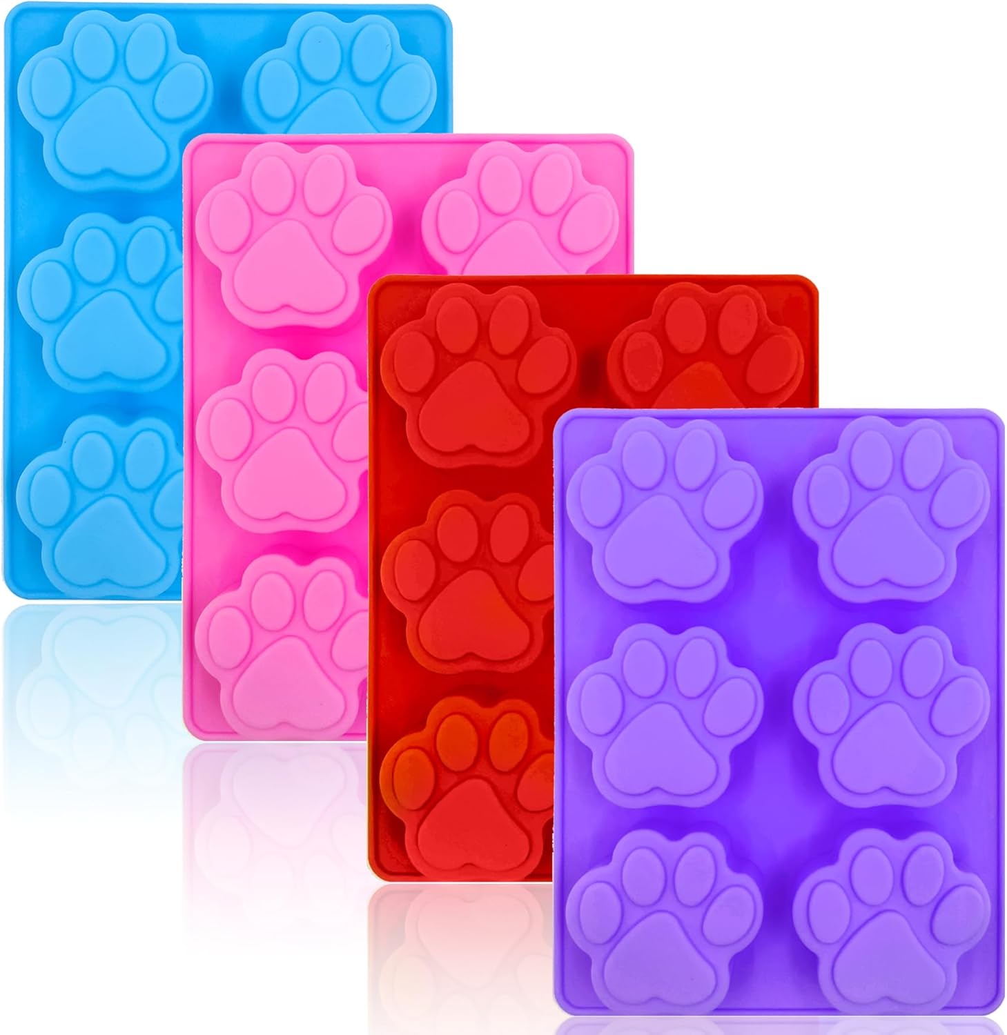 Puppy Dog Paw Silicone Molds,Non-Stick Food Grade Silicone Molds for Chocolate, Candy, Jelly, Ice Cube, Dog Treats Baking Mould(Set of 4PCS) (Blue Pink Purplish Red)