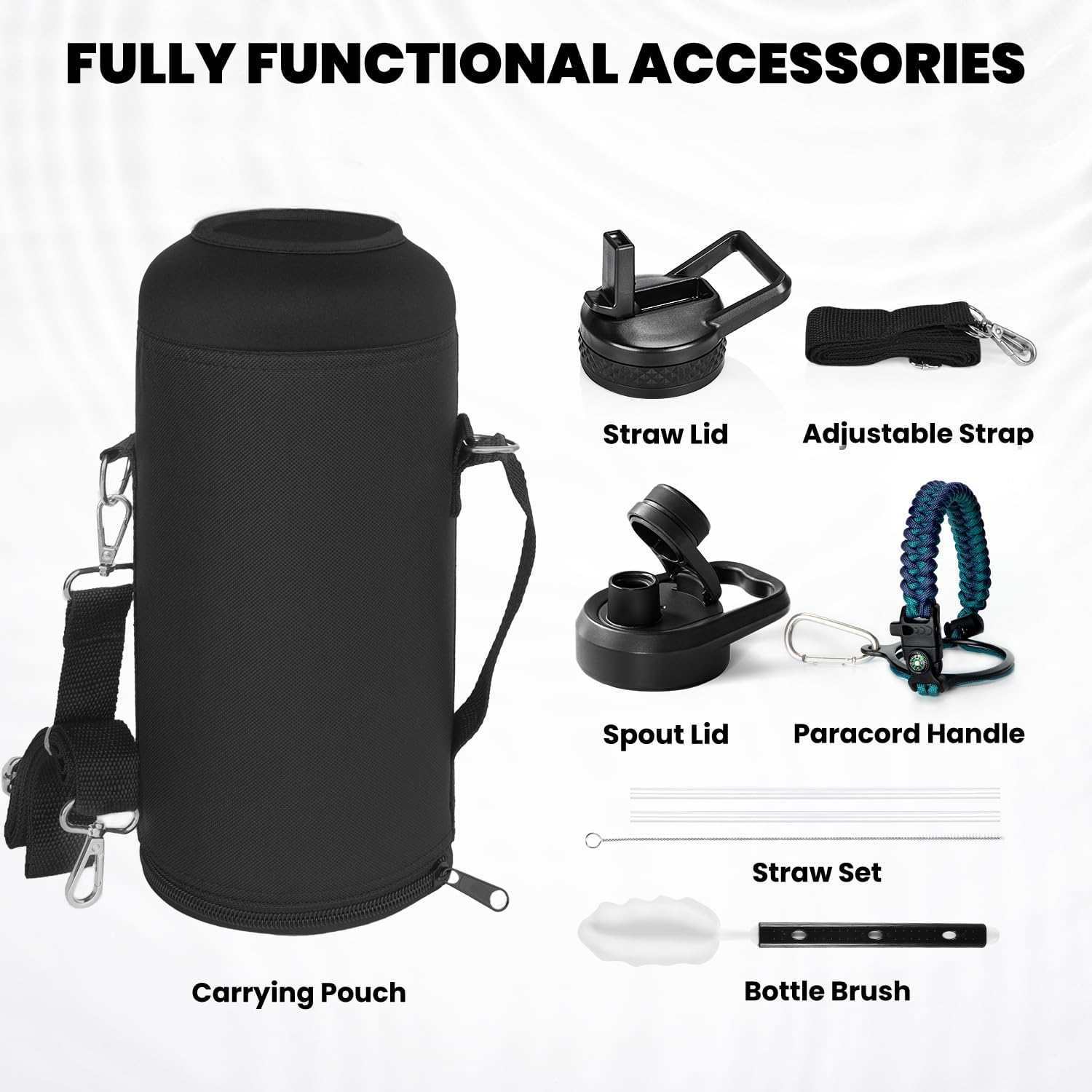 Insulated Water Bottle 87 oz, Triple Wall Vacuum Stainless Steel (Cold for 48 Hrs), Leak Proof & Non-BPA, Modern Water Flask Jug with Paracord Handle & Straw Spout Lids, Cyan Blue