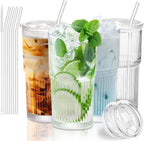 18.5oz Glass Cups with Lids and Straws - Set of 4 Reusable Tumblers, Thickened Shatter-Resistant Glass, Ideal for Iced Coffee, Smoothies, Cocktails, Juices - Elegant & Durable Drinkware