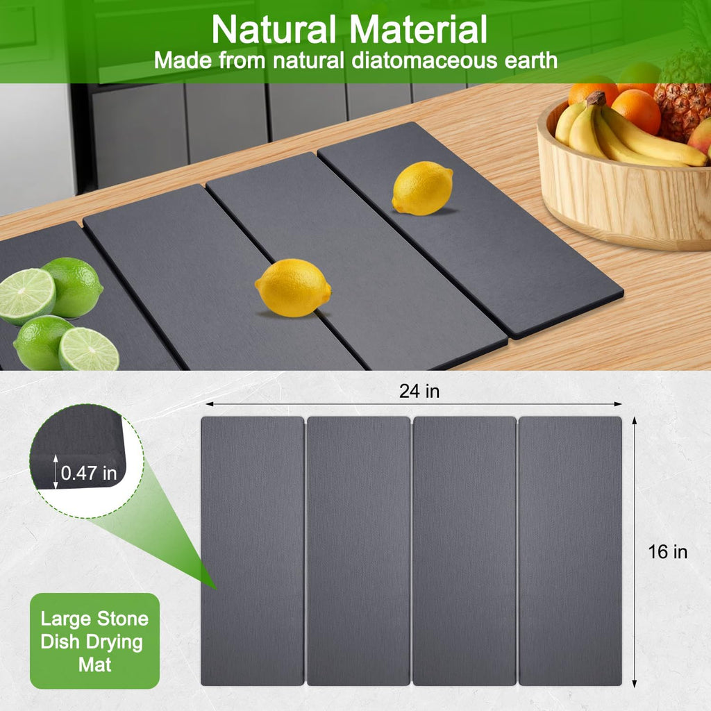 Large Dish Drying Mat for Kitchen Counter,24"×16"Fast Dry Pad Absorbent Countertop Mat, Heat-resistant Mat,Diatomaceous Earth Mats,Gray